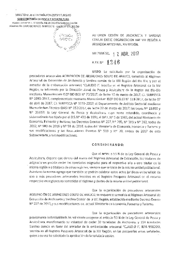 Res. Ex. N° 1246-2017 Autoriza Cesión anchoveta y sardina común, VIII a XIV Región.