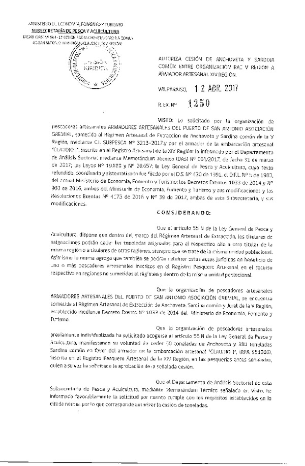 Res. Ex. N° 1250-2017 Autoriza Cesión anchoveta y sardina común, V a XIV Región.