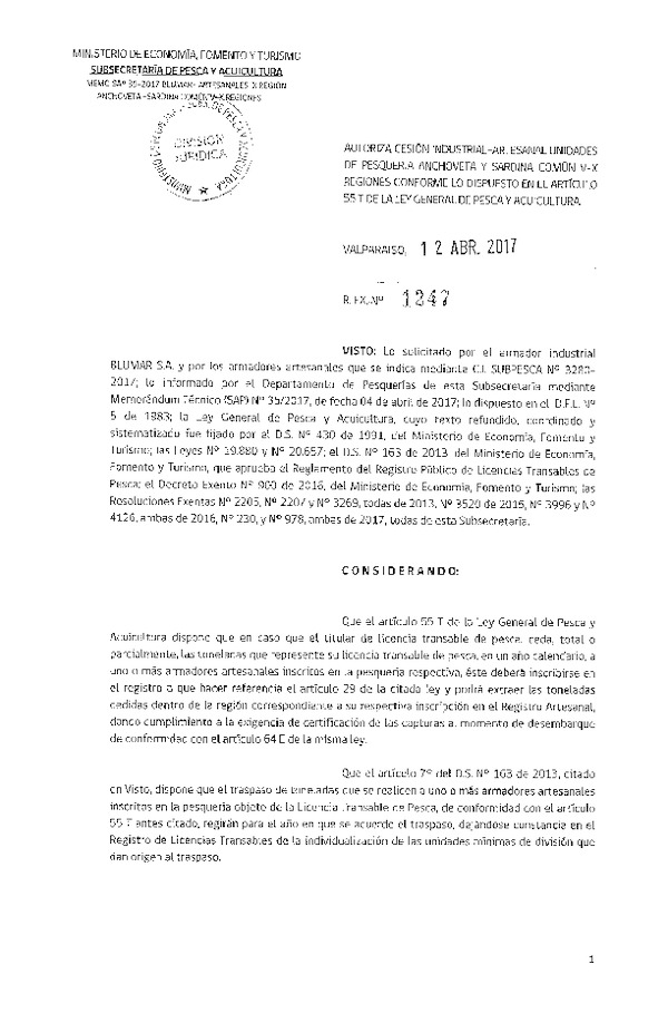 Res. Ex. N° 1247-2017 Autoriza cesión anchoveta y sardina común, IX Región.