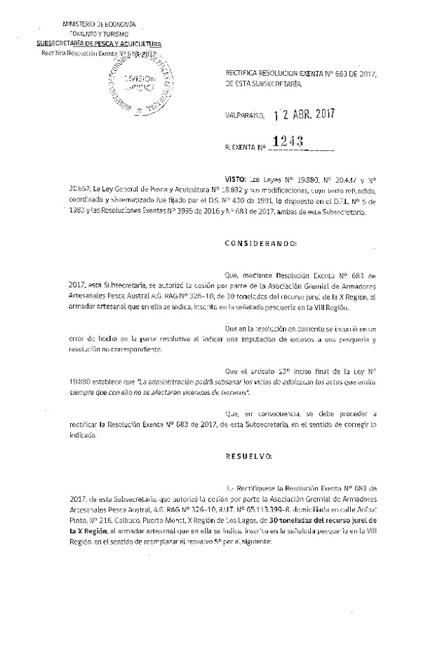 Res. Ex. N° 1243-2017 Rectifica Res. Ex. N° 683-2017 Autoriza Cesión jurel, X a VIII Región.