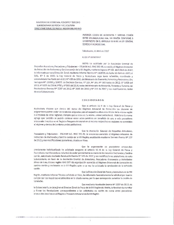 Res. Ex. N° 18-2017 (DZP VIII) Autoriza Cesión Merluza común, VIII Región.