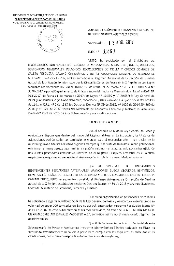 Res. Ex. N° 1261-2017 Autoriza cesión Sardina austral, X Región.