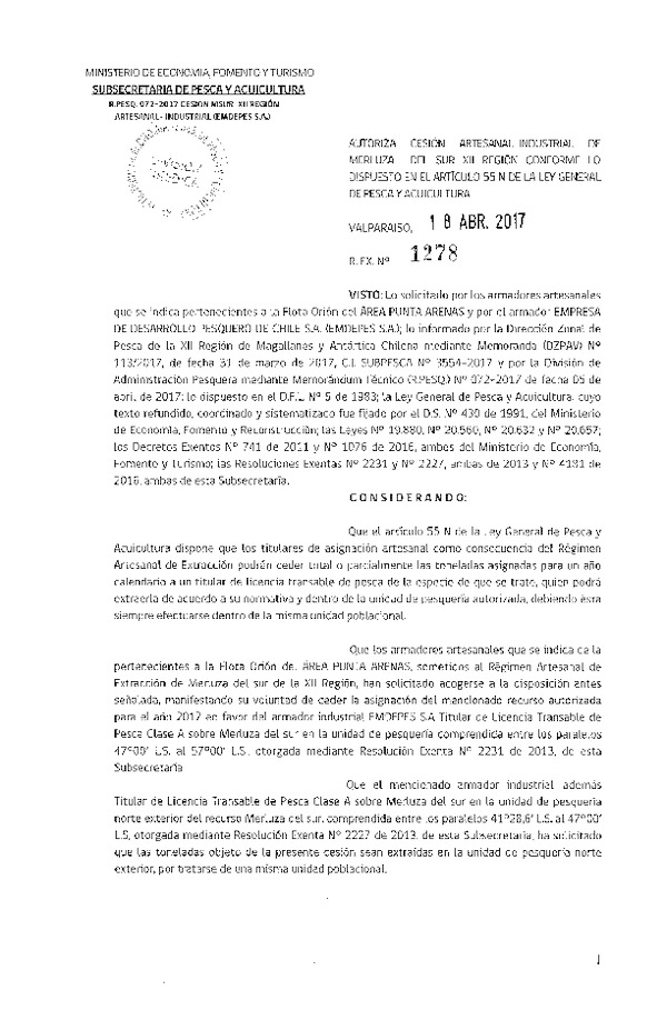 Res. Ex. N° 1278-2017 Cesión Merluza del sur XII Región.