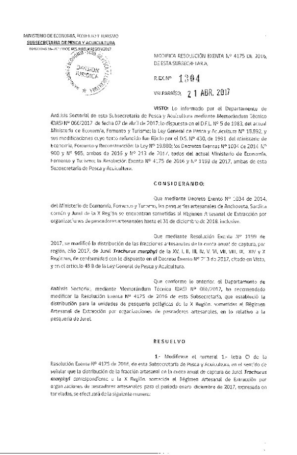 Res. Ex. N° 1304-2017 Modifica Res. Ex. N° 4175-2016 Distribución de la Fracción Artesanal Pesquería de Anchoveta, Sardina Común y Jurel en la X Región. (Publicado en Página Web 24-04-2017)