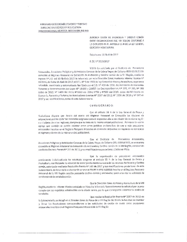 Res. Ex. N° 19-2017 (DZP VIII) Autoriza Cesión Anchoveta y sardina común, VIII Región.