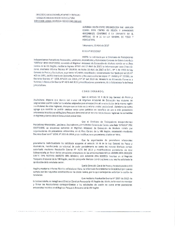 Res. Ex. N° 20-2017 (DZP VIII) Autoriza Cesión Merluza común, VIII Región.