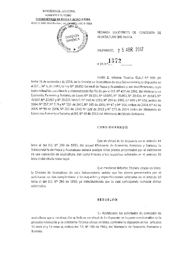 Res. Ex. N° 1372-2017 Rechaza solicitudes de concesión de acuicultura que indica.