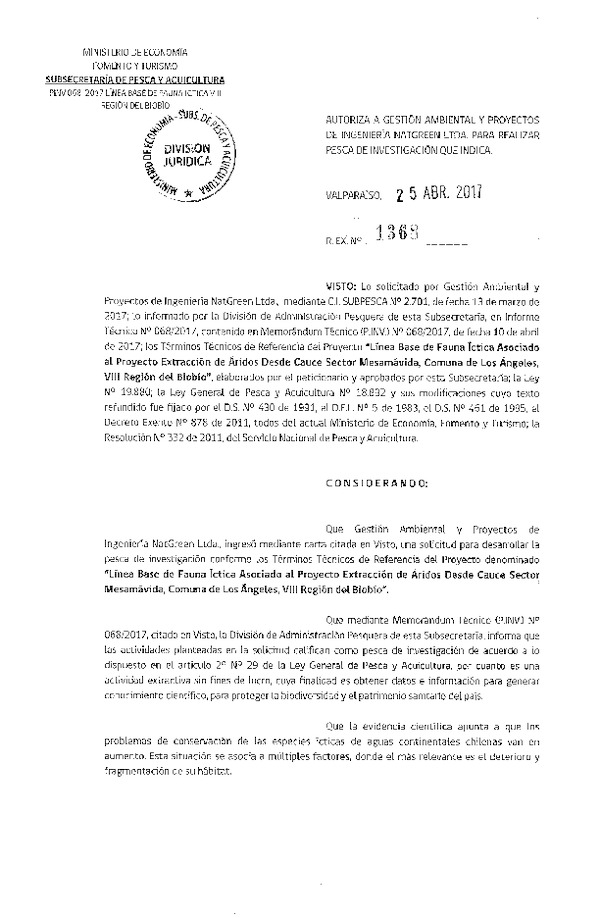 Res. Ex. N° 1368-2017 Línea de base fauna íctica VIII Región.