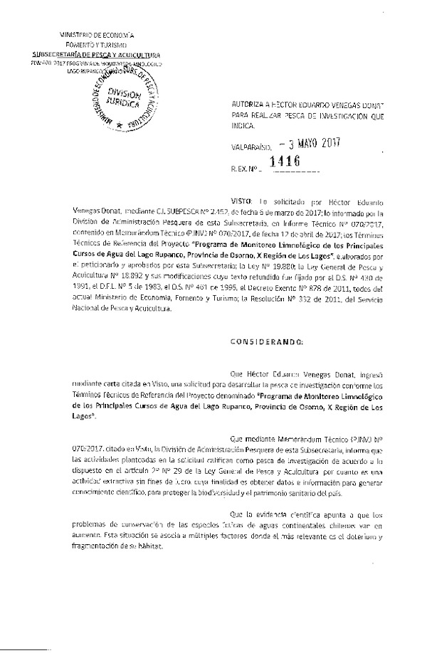 Res. Ex. N° 1416-2017 Programa de monitoreo limnológico, provincia de Osorrno, X Región.
