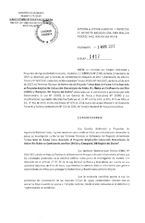 Res. Ex. N° 1417-2017 Línea base de fauna íctica ríos Chillan y Changaral, VIII Región.