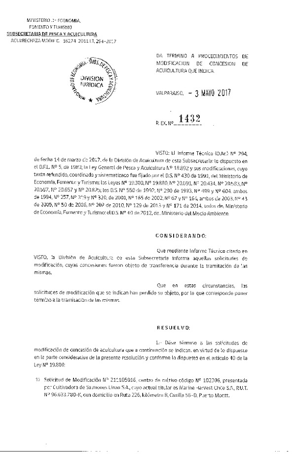Res. Ex. N° 1432-2017 Da termino a procedimiento de modificación de concesiones de acuicultura que indica.