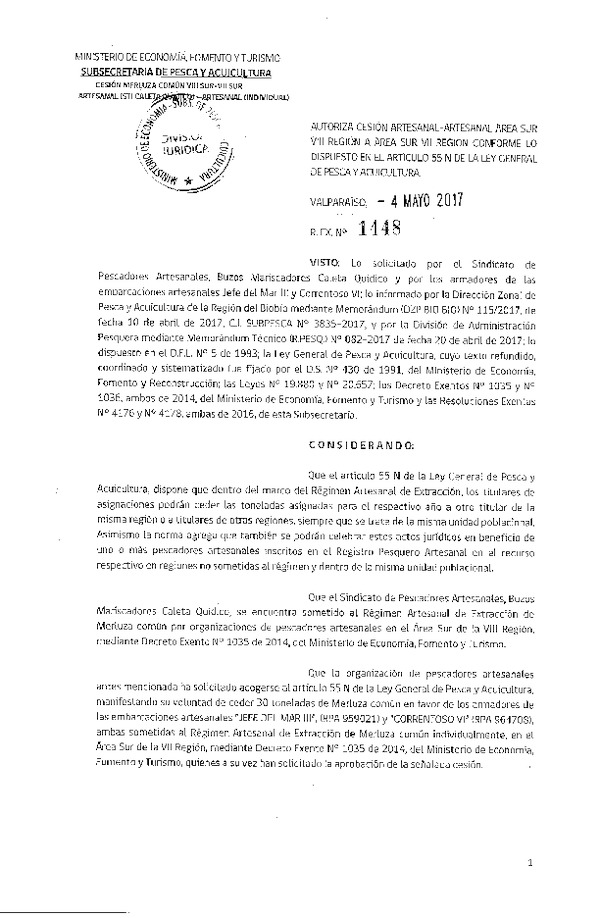 Res. Ex. N° 1448-2017 Autoriza cesión Merluza común VIII-VII Región.
