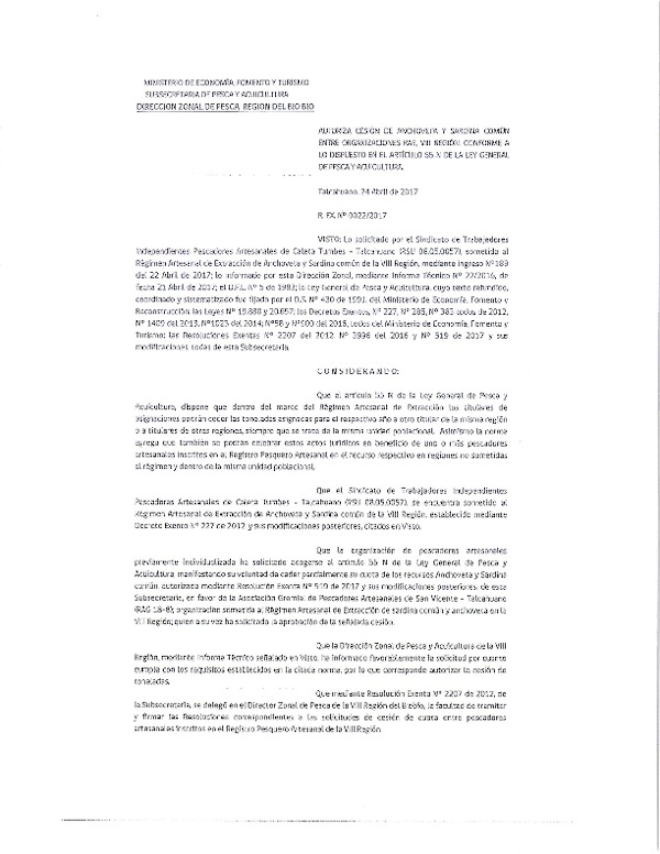 Res. Ex. N° 22-2017 (DZP VIII) Autoriza Cesión Anchoveta y sardina común, VIII Región.