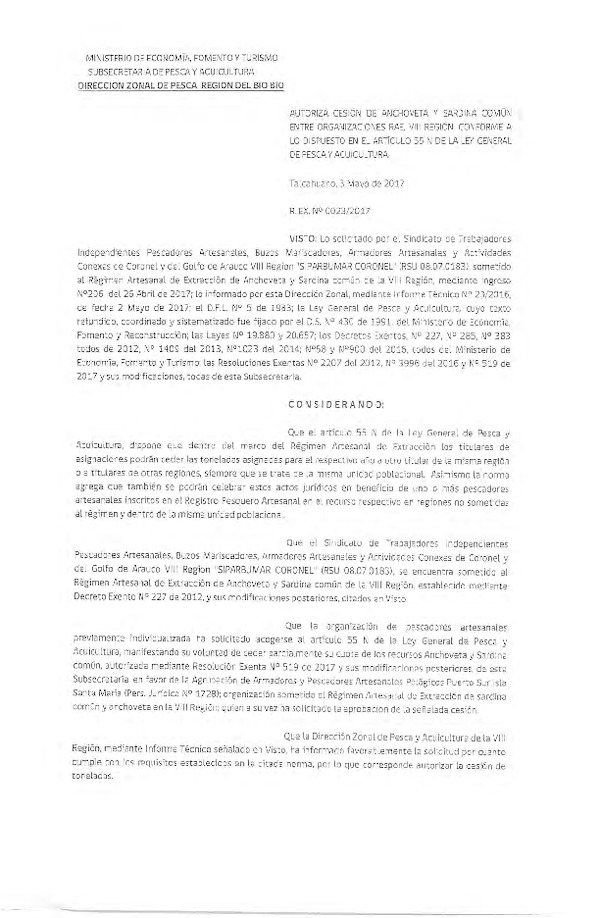 Res. Ex. N° 23-2017 (DZP VIII) Autoriza Cesión Anchoveta y sardina común, VIII Región.