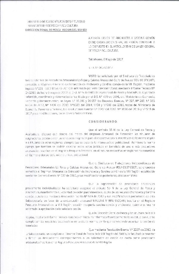 Res. Ex. N° 24-2017 (DZP VIII) Autoriza Cesión Anchoveta y sardina común, VIII Región.
