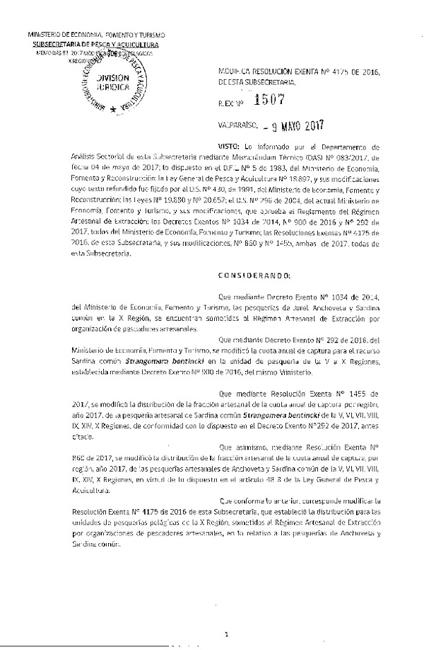 Res. Ex. N° 1507-2017 Modifica Res. Ex. N° 4175-2016 Distribución de la Fracción Artesanal Pesquería de Anchoveta, Sardina Común y Jurel en la X Región. (Publicado en Página Web 10-05-2017) (F.D.O. 16-05-2017)