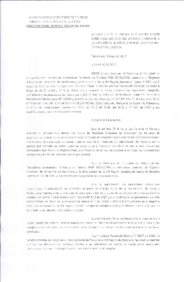 Res. Ex. N° 25-2017 (DZP VIII) Autoriza Cesión Anchoveta y sardina común, VIII Región.