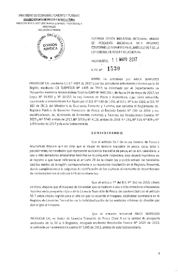 Res. Ex. N° 1530-2017 Autoriza cesión anchoveta, XV Región.