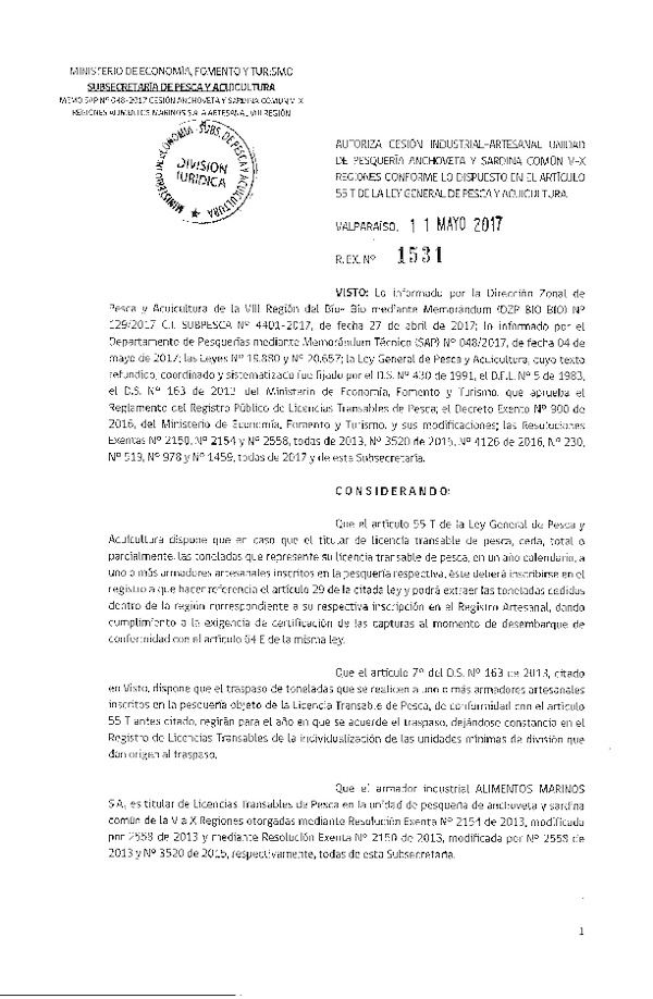 Res. Ex. N° 1531-2017 Autoriza cesión anchoveta y sardina común, VIII Región.