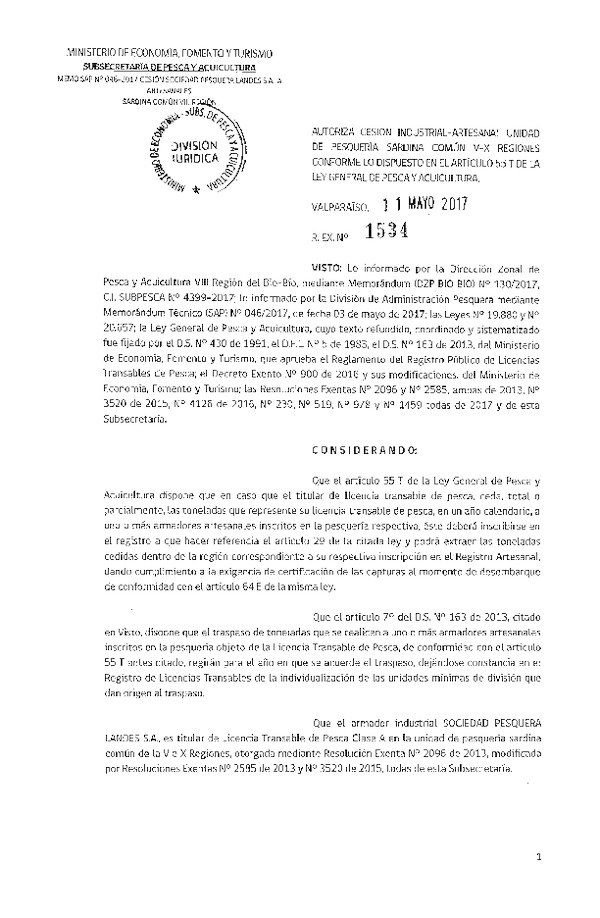 Res. Ex. N° 1534-2017 Autoriza cesión sardina común, VIII Región.