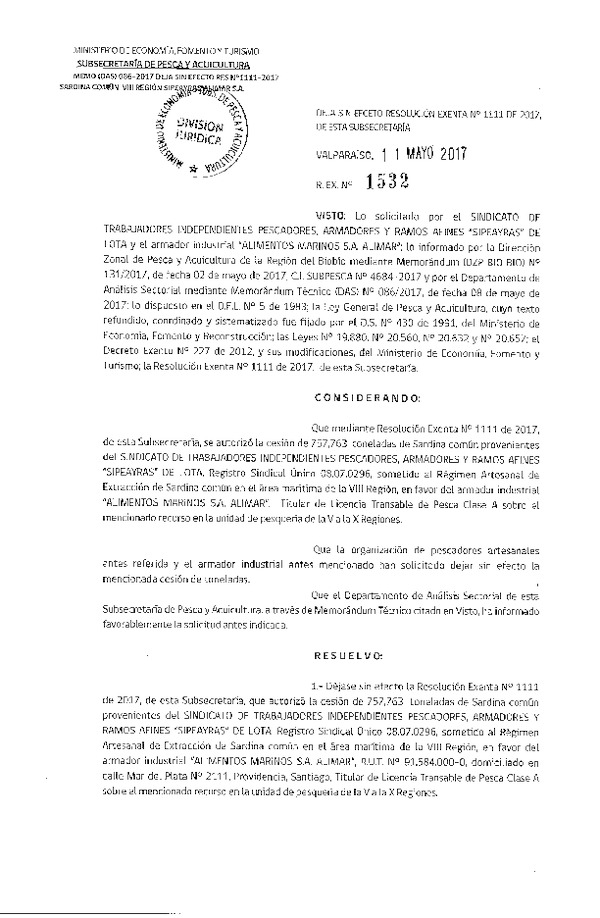 Res. EX. N° 1532-2017 Deja sin efecto Res. Ex. N° 1111-2017 Autoriza Cesión sardina común, VIII Región.