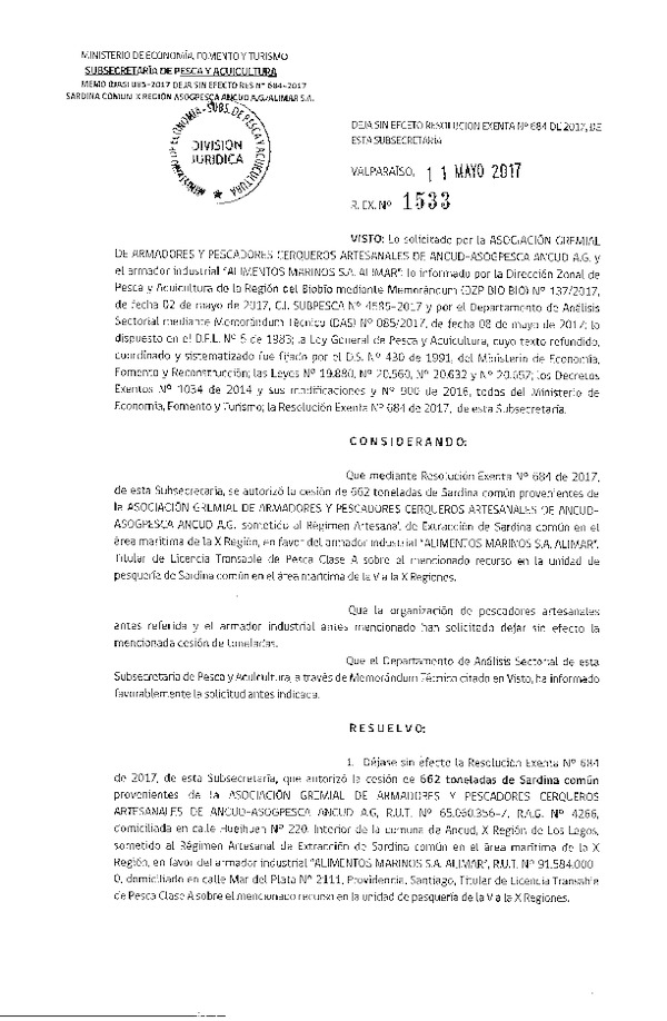 Res. Ex. N° 1533-2017 Deja sin efecto Res. Ex. N° 684-2017 Autoriza Cesión Sardina común X Región.