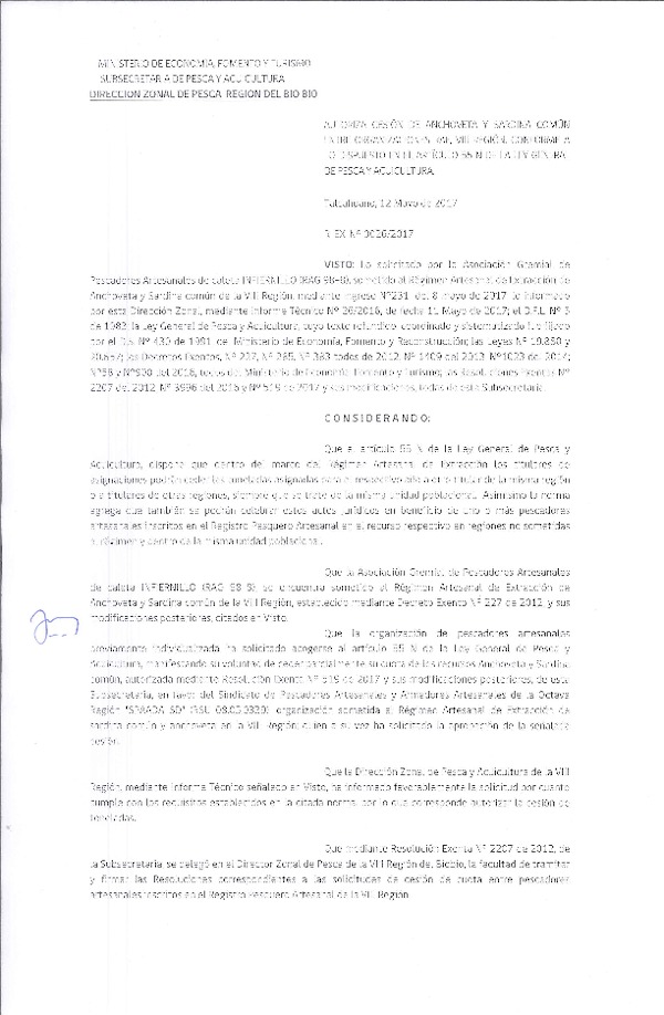 Res. Ex. N° 26-2017 (DZP VIII) Autoriza Cesión Anchoveta y sardina común, VIII Región.
