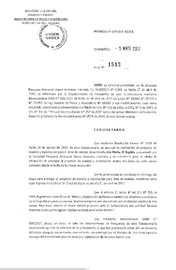 Res. Ex. N° 1513-2017 Prorroga Plan de Manejo.