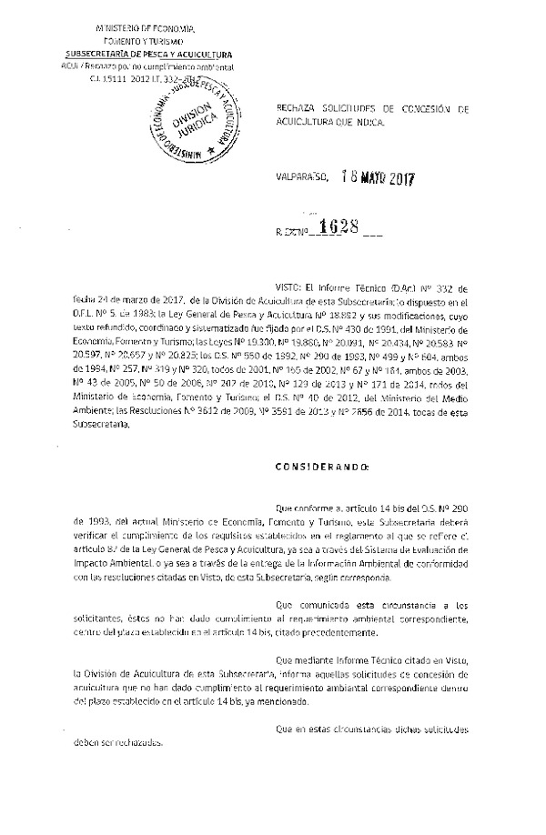 Res. Ex. N° 1628-2017 Rechaza solicitudes de concesión de acuicultura que indica.