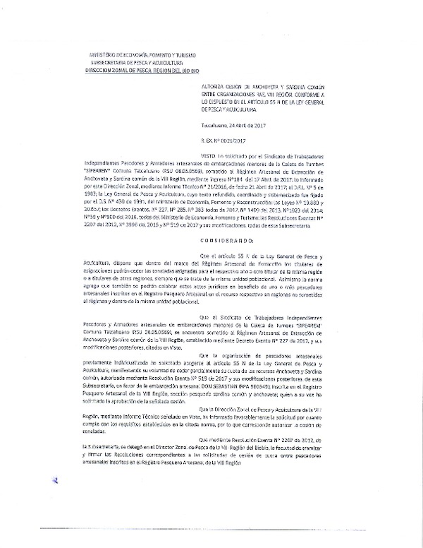 Res. Ex. N° 21-2017 (DZP VIII) Autoriza Cesión Anchoveta y sardina común, VIII Región.