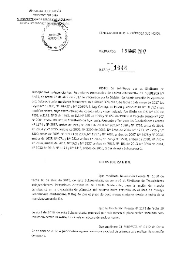 Res. Ex. N° 1646-2017 Deniega solicitud de Prorroga.