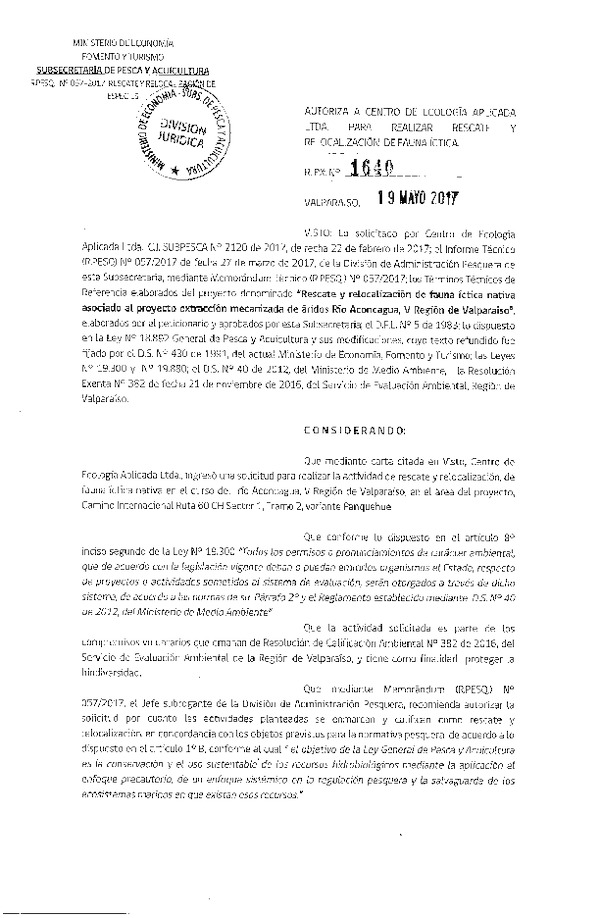 Res. Ex. N° 1640-2017 Rescate y relocalización de fauna ícitica, V Región.