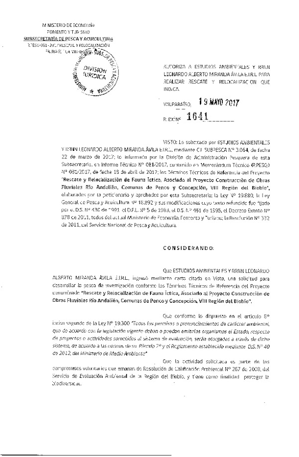 Res. Ex. N° 1641-2017 Rescate y relocalización de fauna ícitica, VIII Región.
