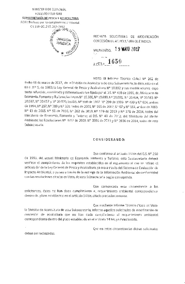 Res. Ex. N° 1650-2017 Rechaza solicitudes de modificación de concesión de acuicultura que indica.