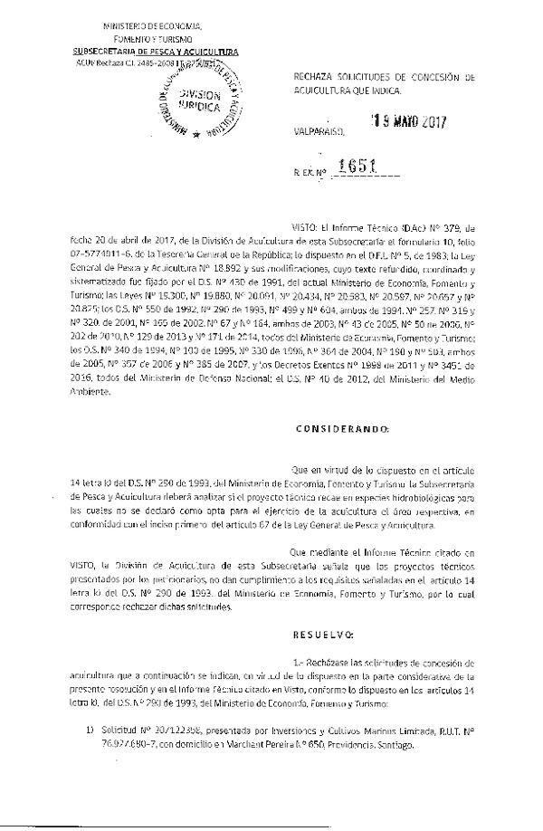 Res. Ex. N° 1651-2017 Rechaza solicitudes de concesión de acuicultura que indica.