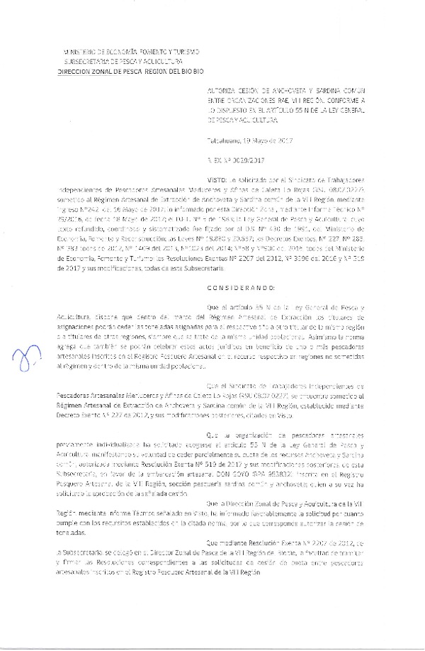 Res. Ex. N° 29-2017 (DZP VIII) Autoriza Cesión Anchoveta y sardina común, VIII Región.