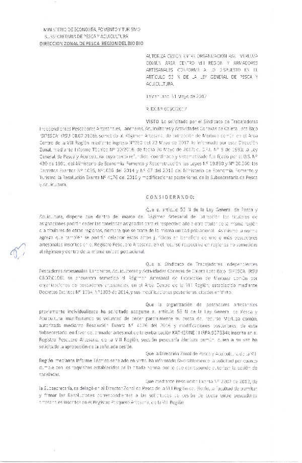 Res. Ex. N° 30-2017 (DZP VIII) Autoriza Cesión Merluza común, VIII Región.
