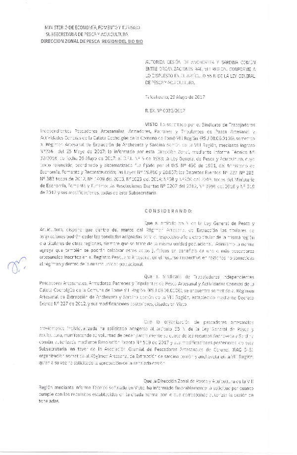 Res. Ex. N° 32-2017 (DZP VIII) Autoriza Cesión Anchoveta y sardina común, VIII Región.