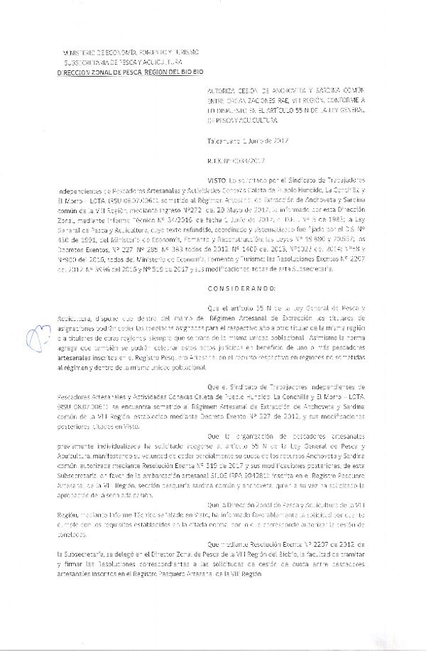 Res. Ex. N° 34-2017 (DZP VIII) Autoriza Cesión Anchoveta y sardina común, VIII Región.