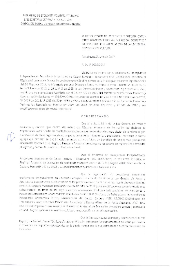 Res. Ex. N° 35-2017 (DZP VIII) Autoriza Cesión Anchoveta y sardina común, VIII Región.
