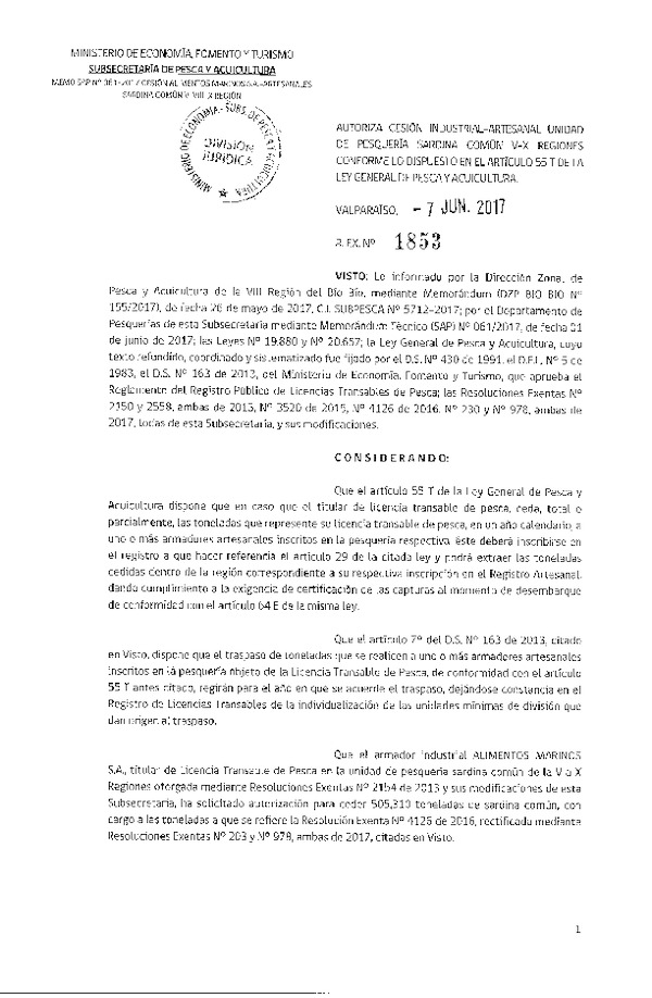 Res. Ex. N° 1853-2017 Autoriza cesión sardina común, V-VIII-X Región.