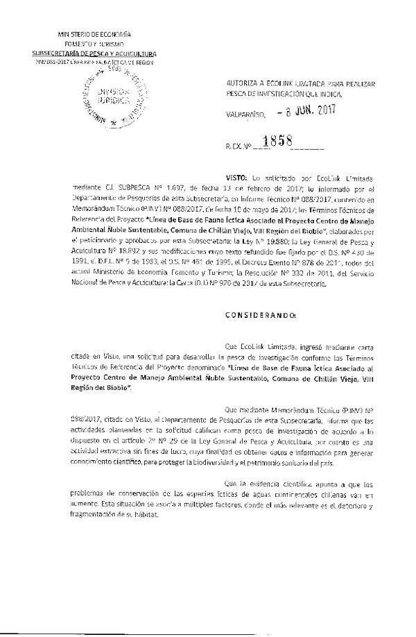 Res. Ex. N° 1858-2017 Línea de base fauna ícitica, comuna de Chillán Viejo, VIII Región del Biobío.