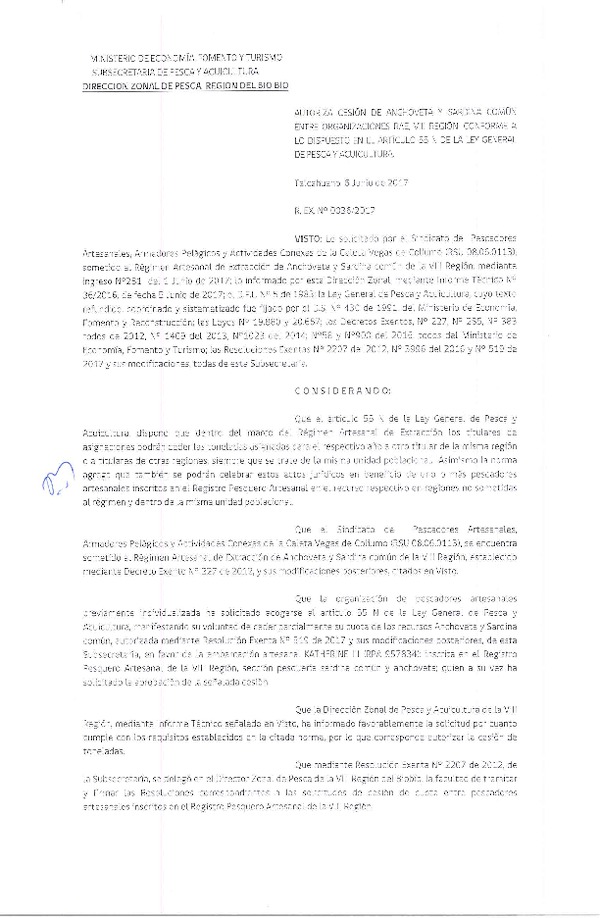 Res. Ex. N° 36-2017 (DZP VIII) Autoriza Cesión Anchoveta y sardina común, VIII Región.
