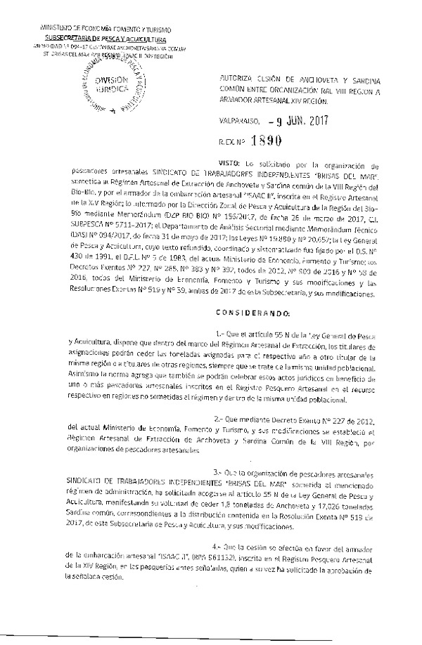 Res. Ex. N° 1890-2017 Autoriza cesión de Anchoveta y Sardina Común, VIII a XIV Región.