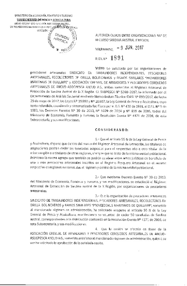 Res. Ex. N° 1891-2017 Autoriza cesión de Sardina austral, X Región.