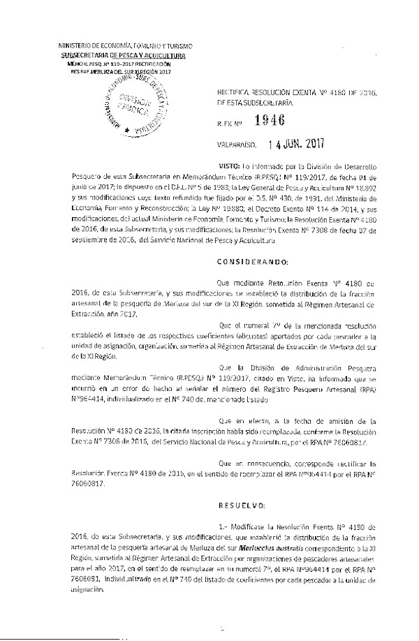 Res. Ex. N° 1946-2017 Modifica Res. Ex. N° 4180-2016 Distribución de la Fracción Artesanal de Pesquería de Merluza del Sur por Organizaciones, XI Región, año 2017. (Publicado en Página Web 15-06-2017)