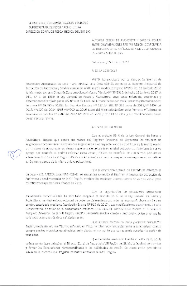Res. Ex. N° 38-2017 (DZP VIII) Autoriza Cesión Anchoveta y sardina común, VIII Región.