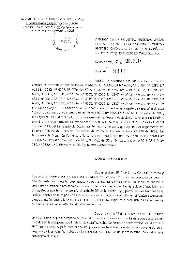 Res. Ex. N° 2041-2017 Autoriza cesión anchoveta y sardina común, VIII Región.