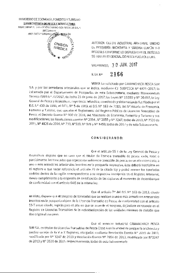 Res. Ex. N° 2166-2017 Autoriza cesión anchoveta y sardina común, VIII Región.