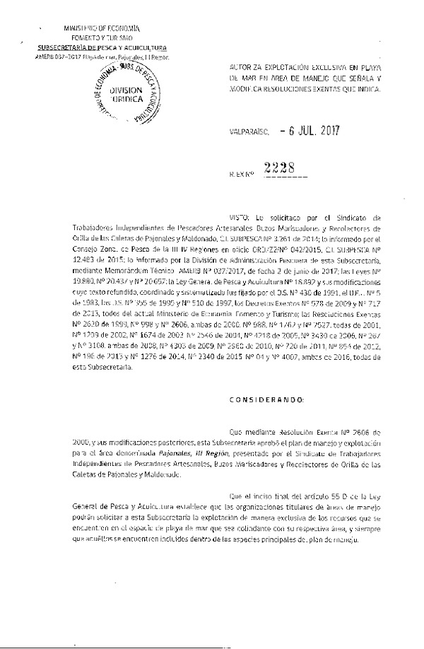 Res. Ex. N° 2228-2017 Autoriza Explotación Exclusiva en Playa de Mar.
